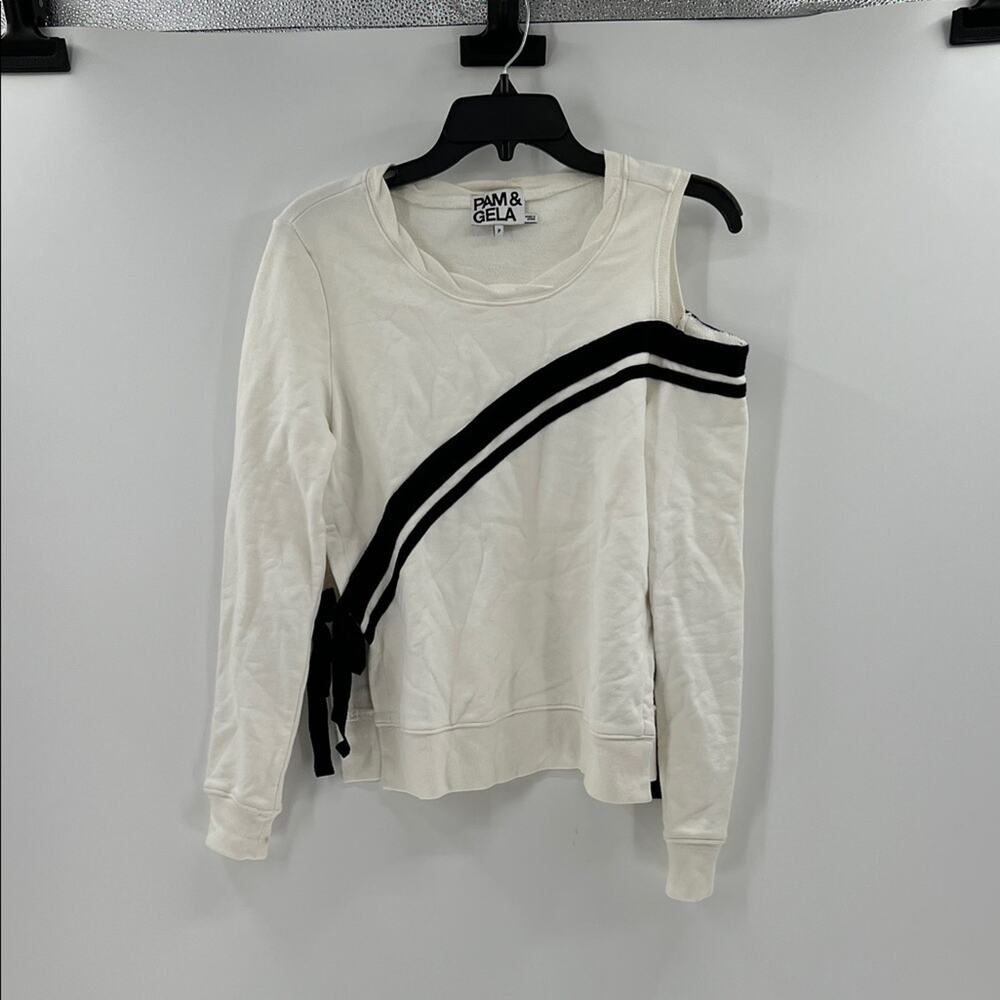 Pam & Gela Cold Shoulder Side Tie Sweatshirt - White/Black - P